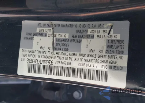 2020 Mazda Mazda3 Preferred Package из США, поврежденный, VIN 3MZBPADLXLM128906